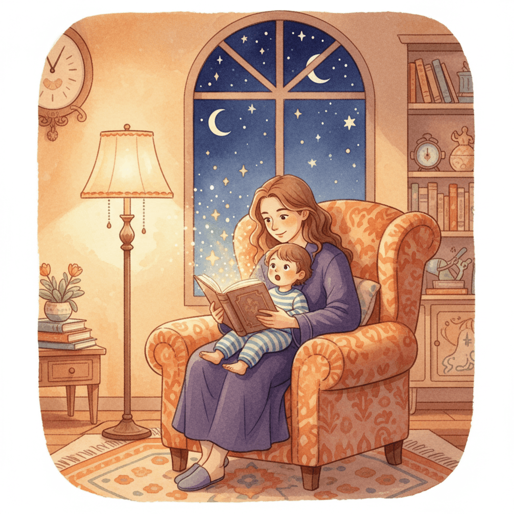 Parent reading a magical bedtime story to their child